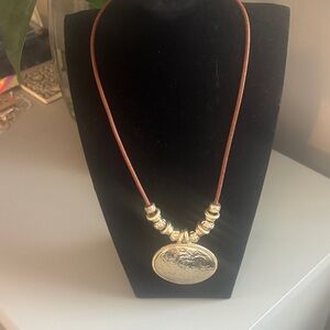 Chico's Gold Pendant Necklace with Brown Cord